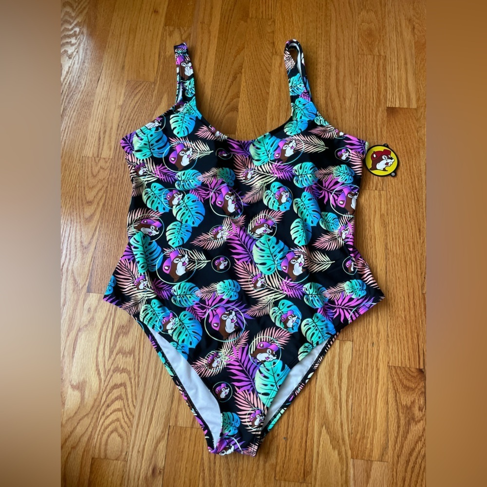 Buc-ees One Piece Swimsuit All Over Logo and Palm Leaf Print